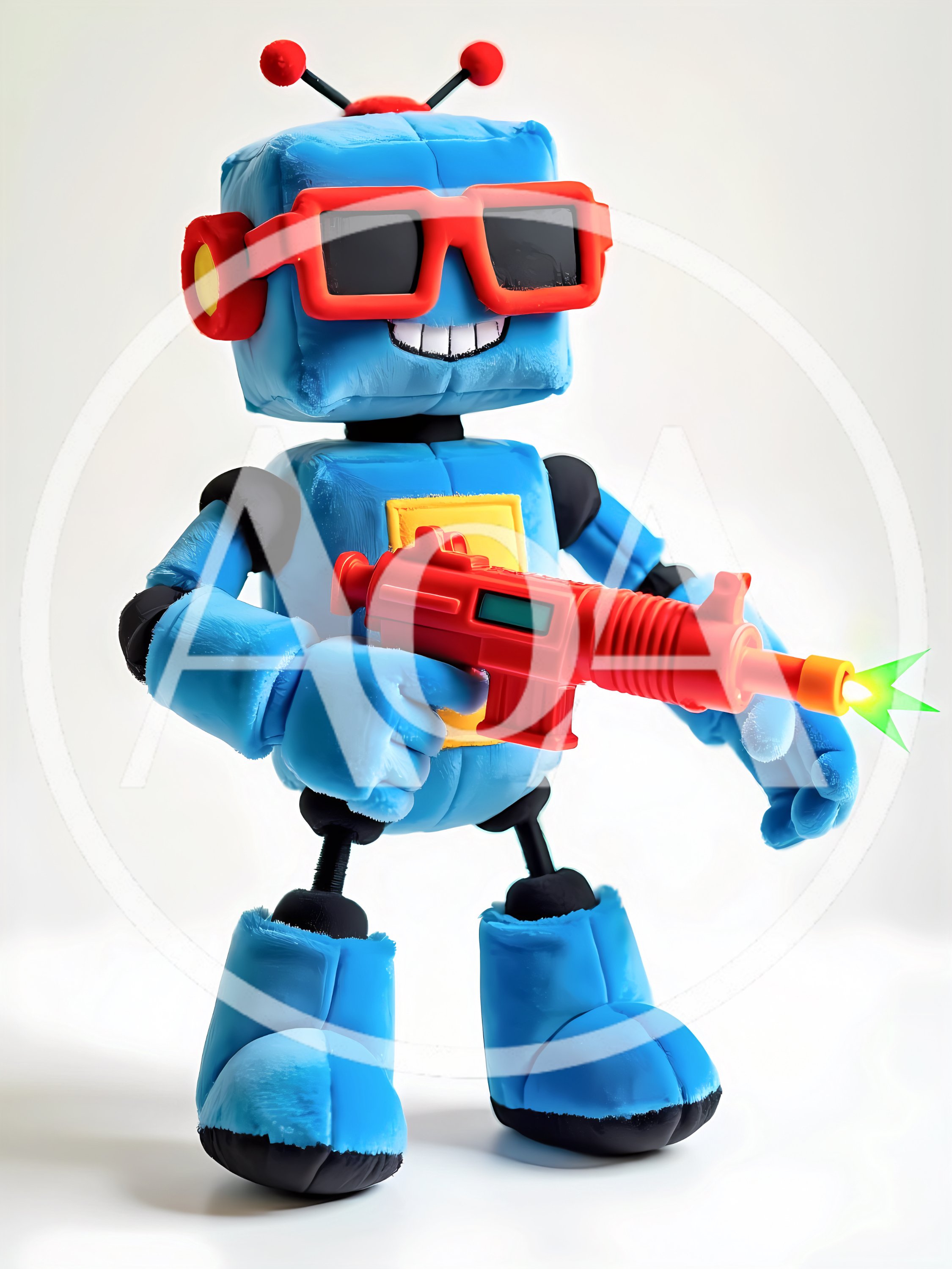 Blue Toy Robot Holding A Red Plastic Toy Gun