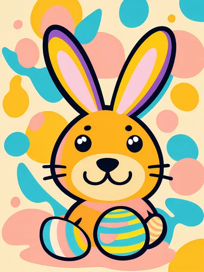Cute Cartoon Easter Bunny With Colorful Eggs