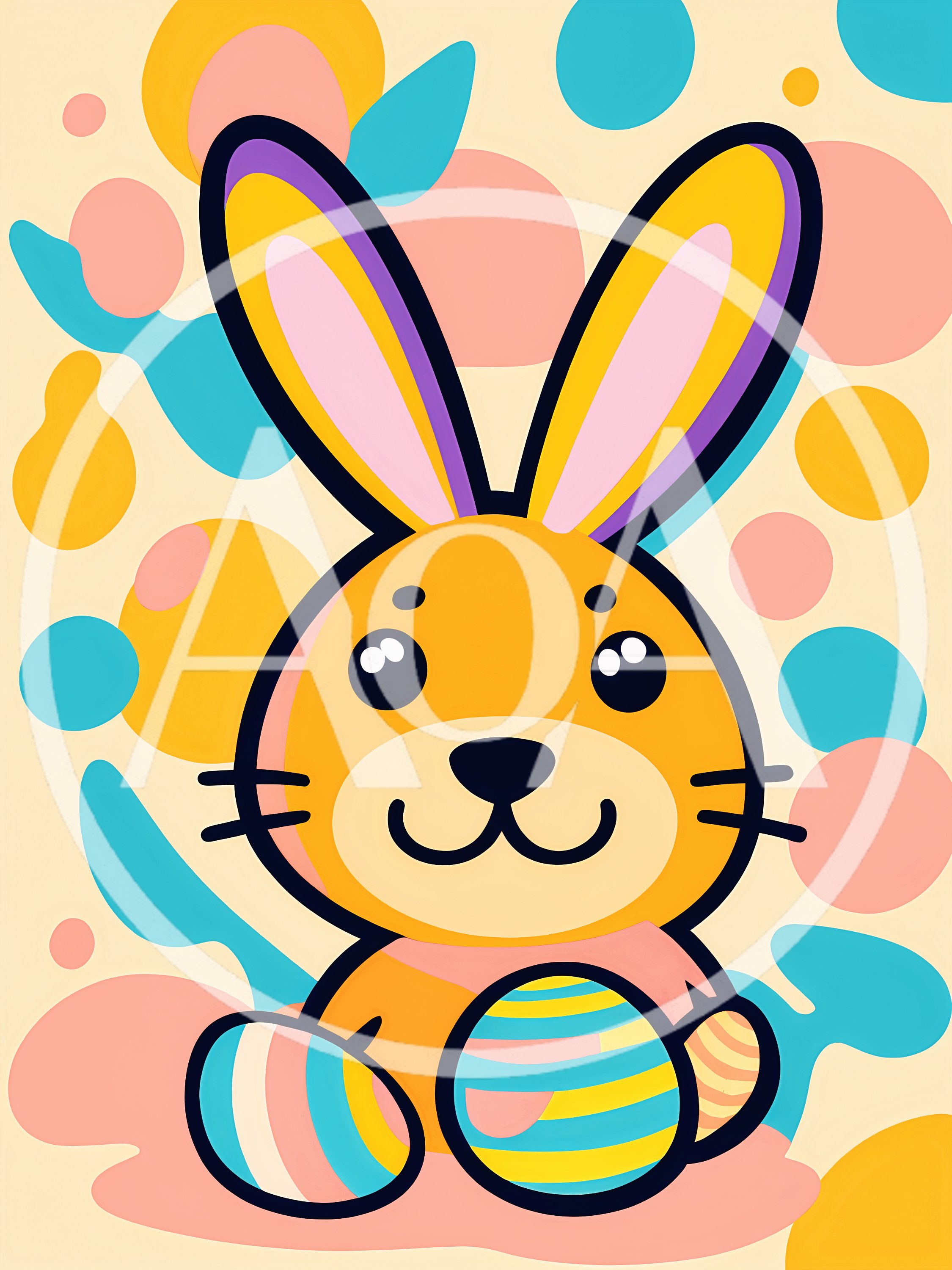 Cute Cartoon Easter Bunny With Colorful Eggs