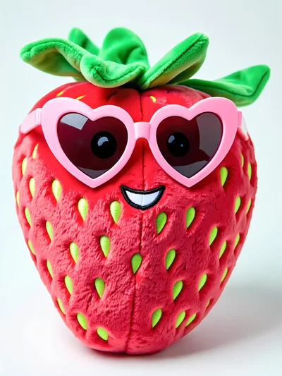 Plush Strawberry Toy Wearing Pink Heart Shaped Sunglasses