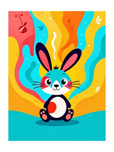 Cute Cartoon Rabbit With Abstract Colorful Background