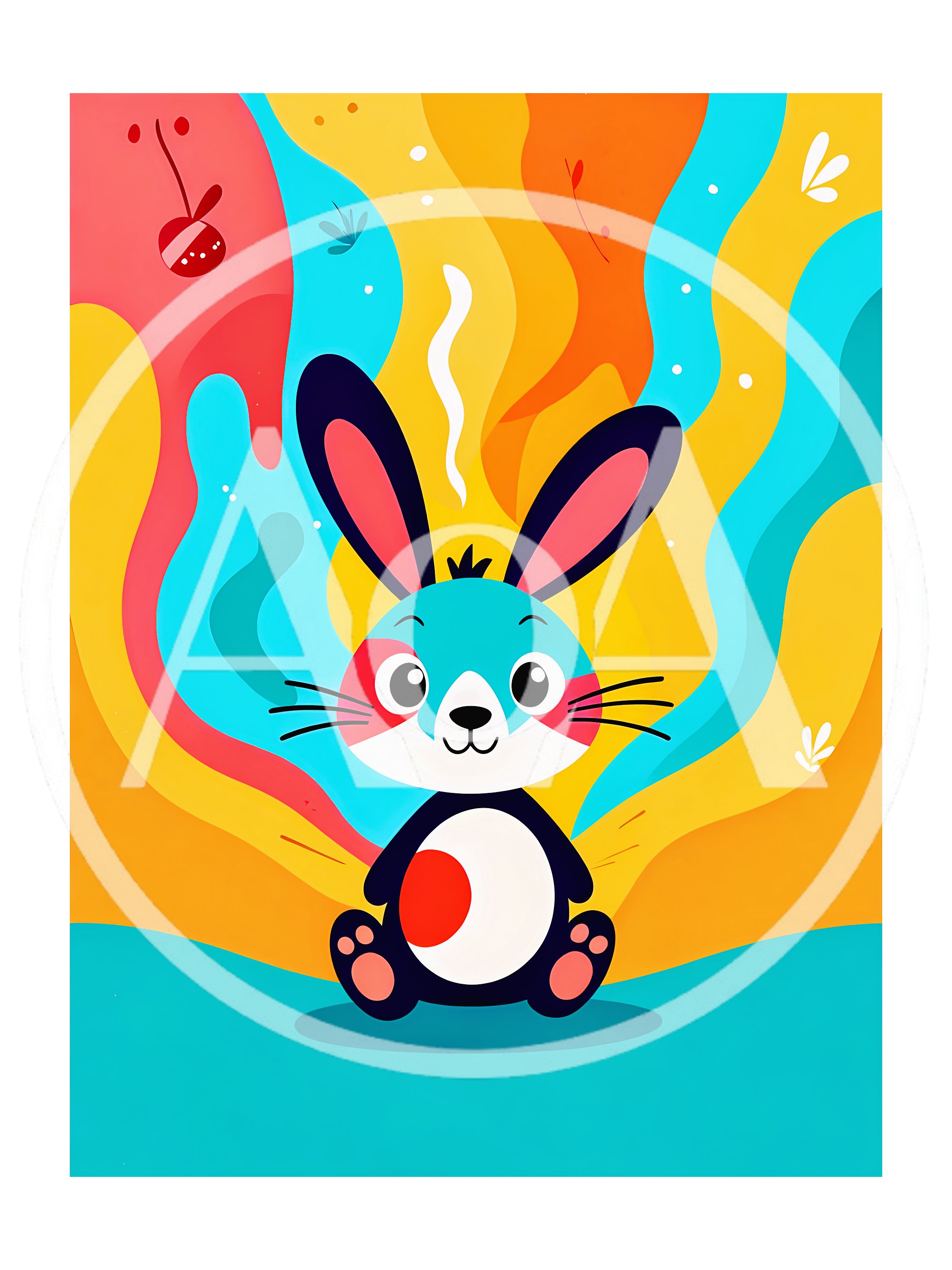 Cute Cartoon Rabbit With Abstract Colorful Background