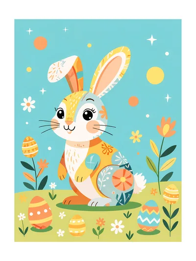 Cute Easter Bunny Illustration With Colorful Eggs And Flowers