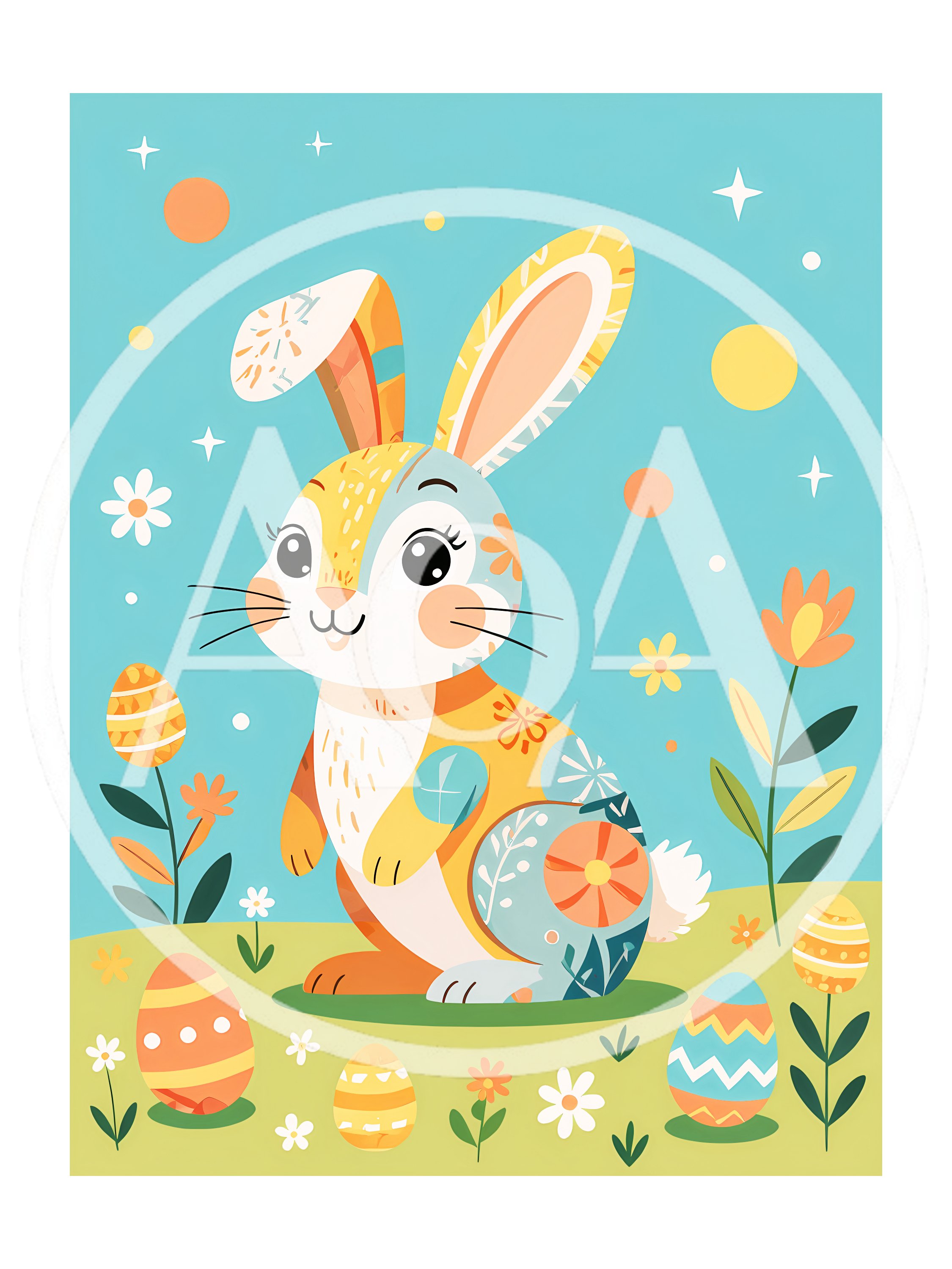 Cute Easter Bunny Illustration With Colorful Eggs And Flowers
