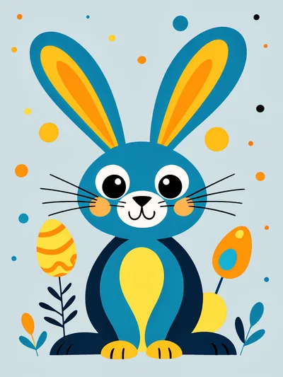 Cute Blue Easter Bunny Illustration With Decorative Eggs