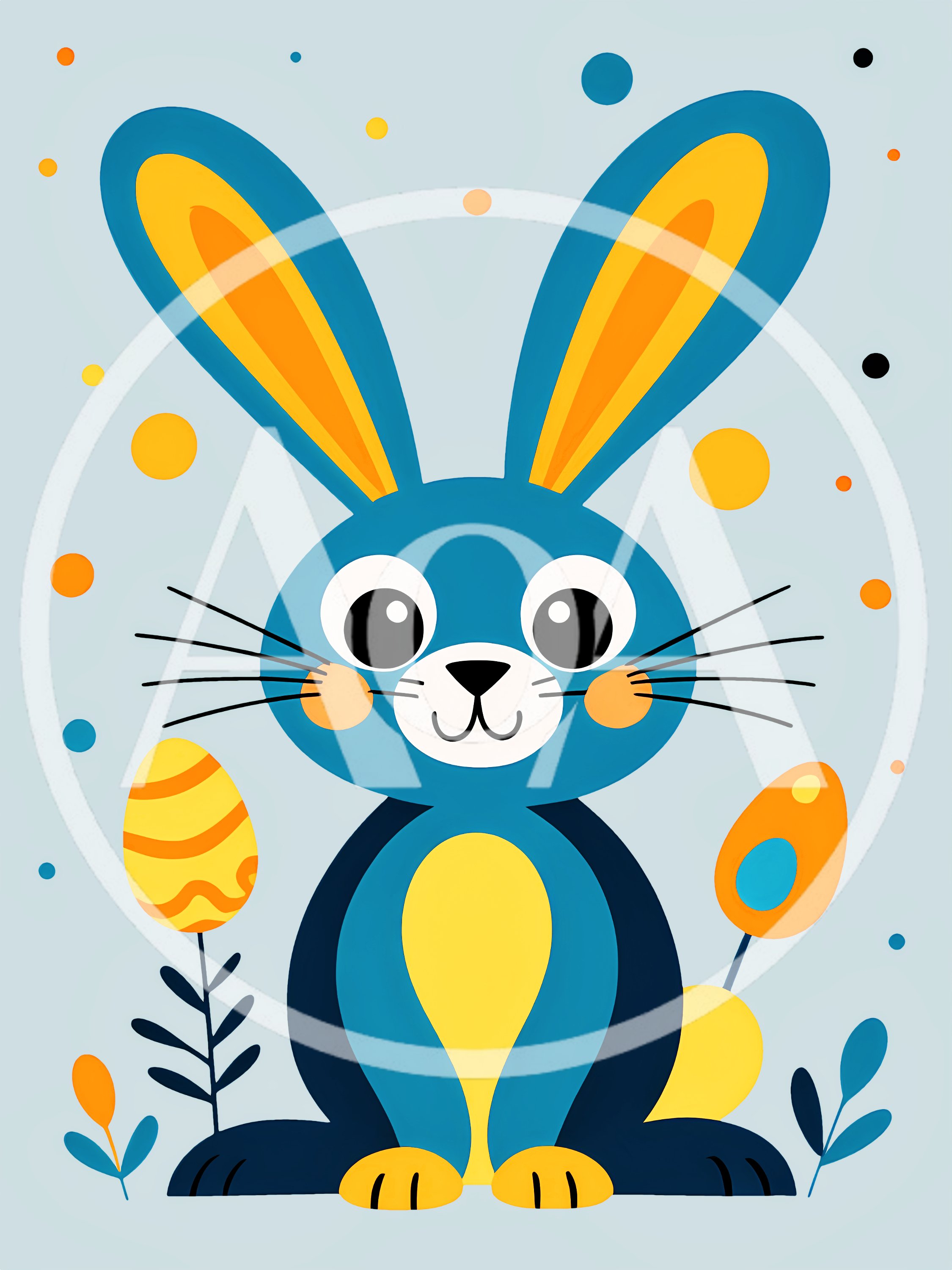 Cute Blue Easter Bunny Illustration With Decorative Eggs