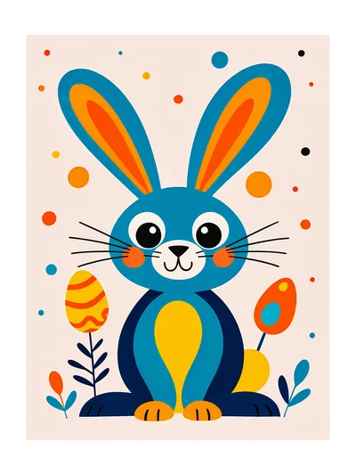 Cute Blue Easter Bunny Illustration With Decorative Eggs