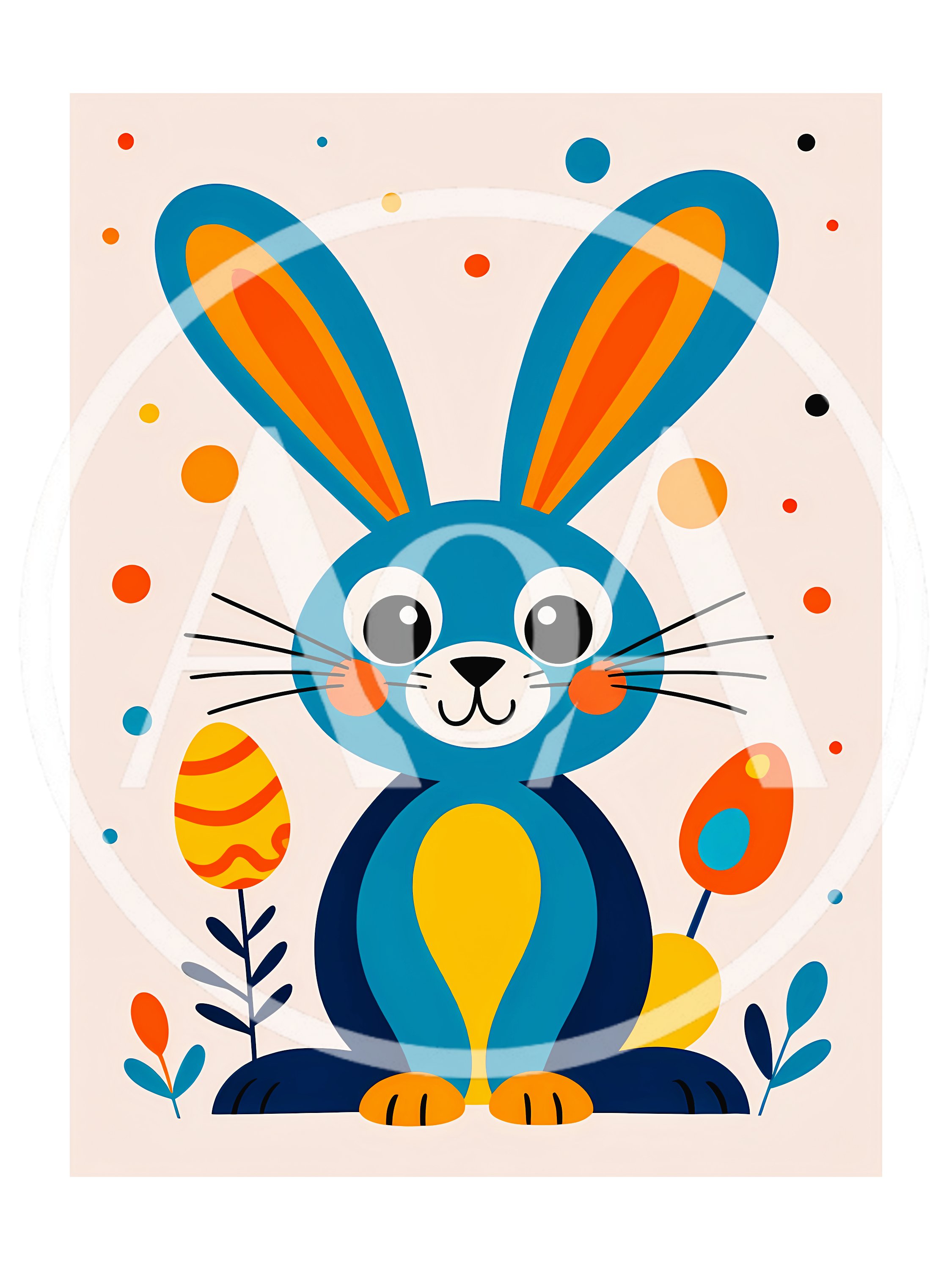 Cute Blue Easter Bunny Illustration With Decorative Eggs