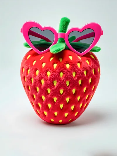 Plush Strawberry Toy Wearing Pink Heart Shaped Sunglasses
