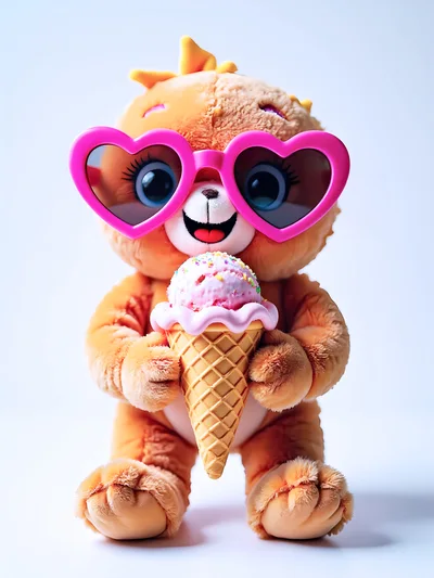 Cute Plush Bear Wearing Heart Sunglasses Eating Ice Cream