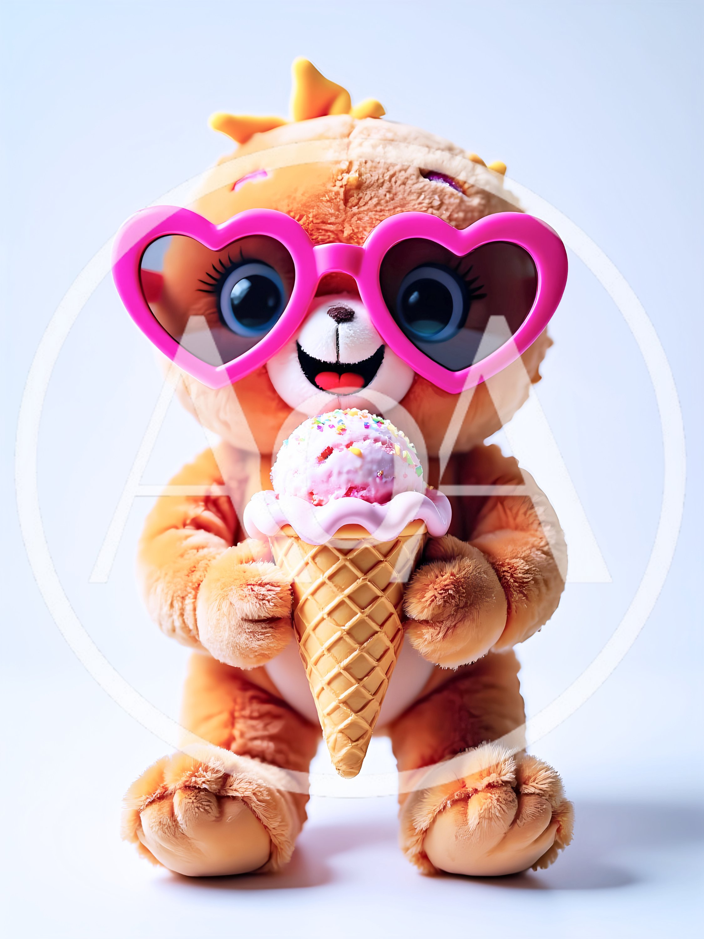 Cute Plush Bear Wearing Heart Sunglasses Eating Ice Cream