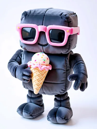 Cute Puffy Black Robot Holding Ice Cream Cone