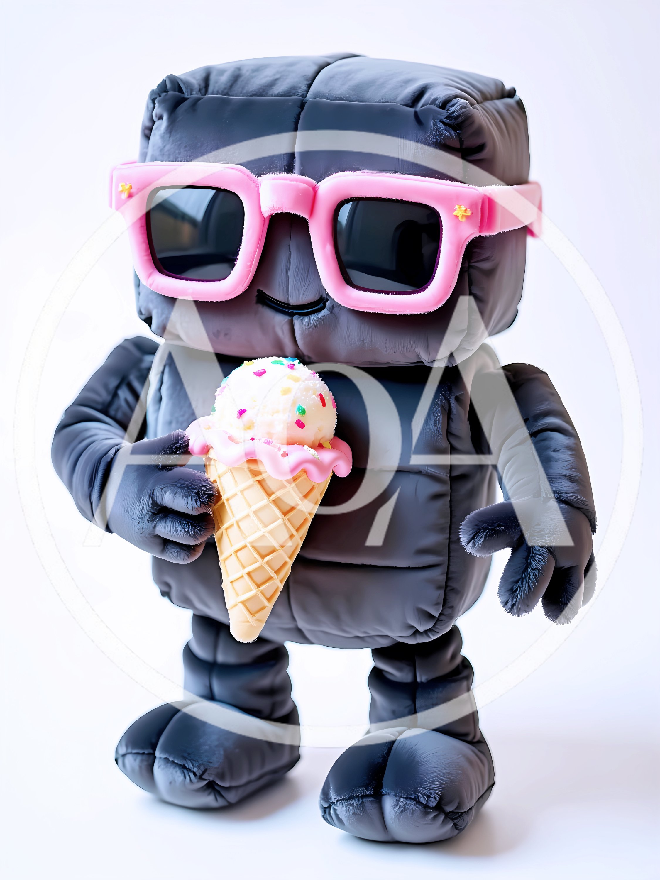 Cute Puffy Black Robot Holding Ice Cream Cone