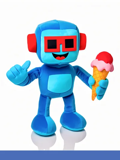 Blue Robot Mascot Holding Ice Cream Cone