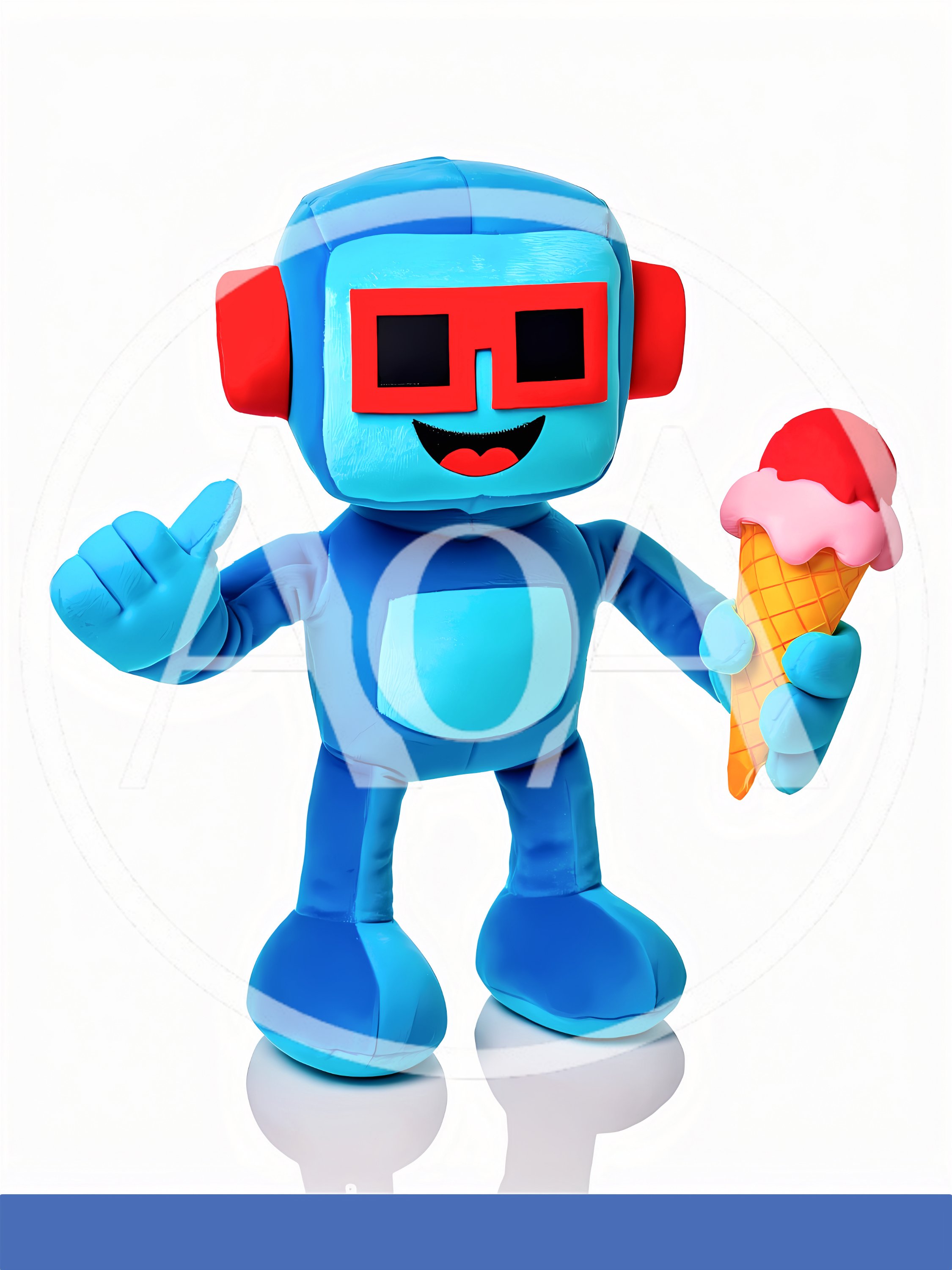 Blue Robot Mascot Holding Ice Cream Cone