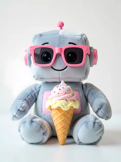 Plush Robot Toy Wearing Pink Sunglasses With Ice Cream