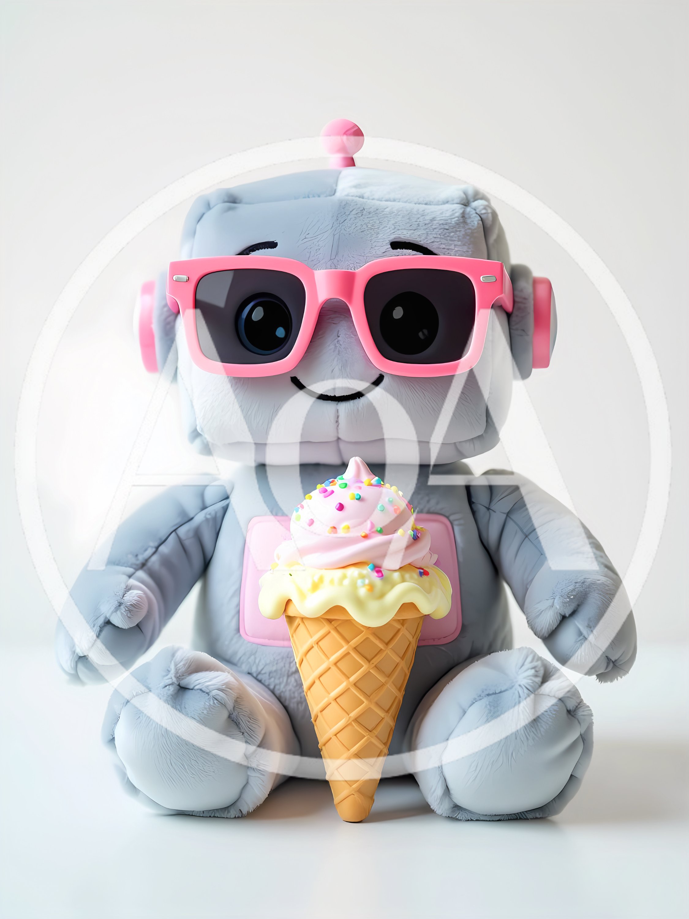 Plush Robot Toy Wearing Pink Sunglasses With Ice Cream