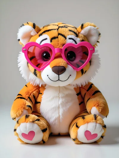 Plush Tiger Toy Wearing Pink Heart Shaped Glasses