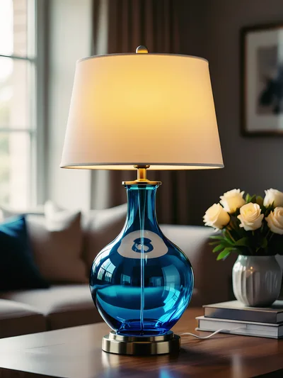 Blue Glass Table Lamp on Wooden Surface