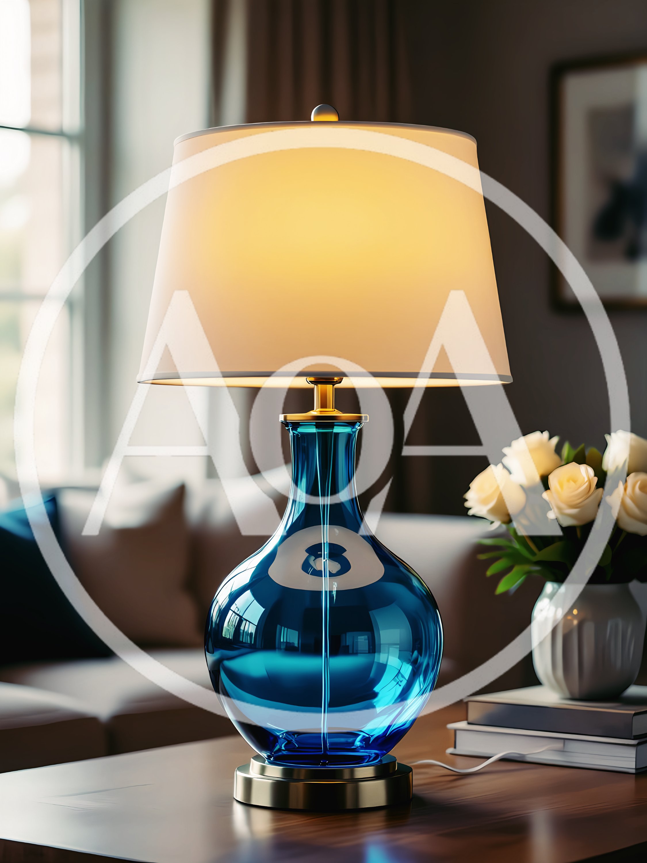 Blue Glass Table Lamp on Wooden Surface