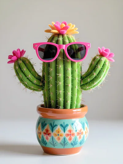 Cactus Plant Wearing Pink Sunglasses In Decorative Pot