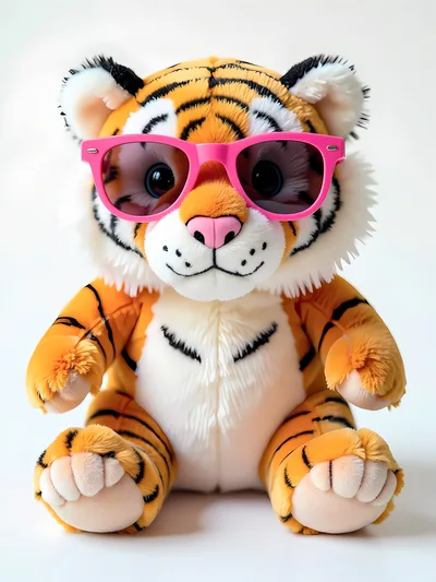 Plush Tiger Toy Wearing Pink Sunglasses