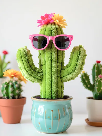 Plush Cactus Wearing Pink Sunglasses And Flowers