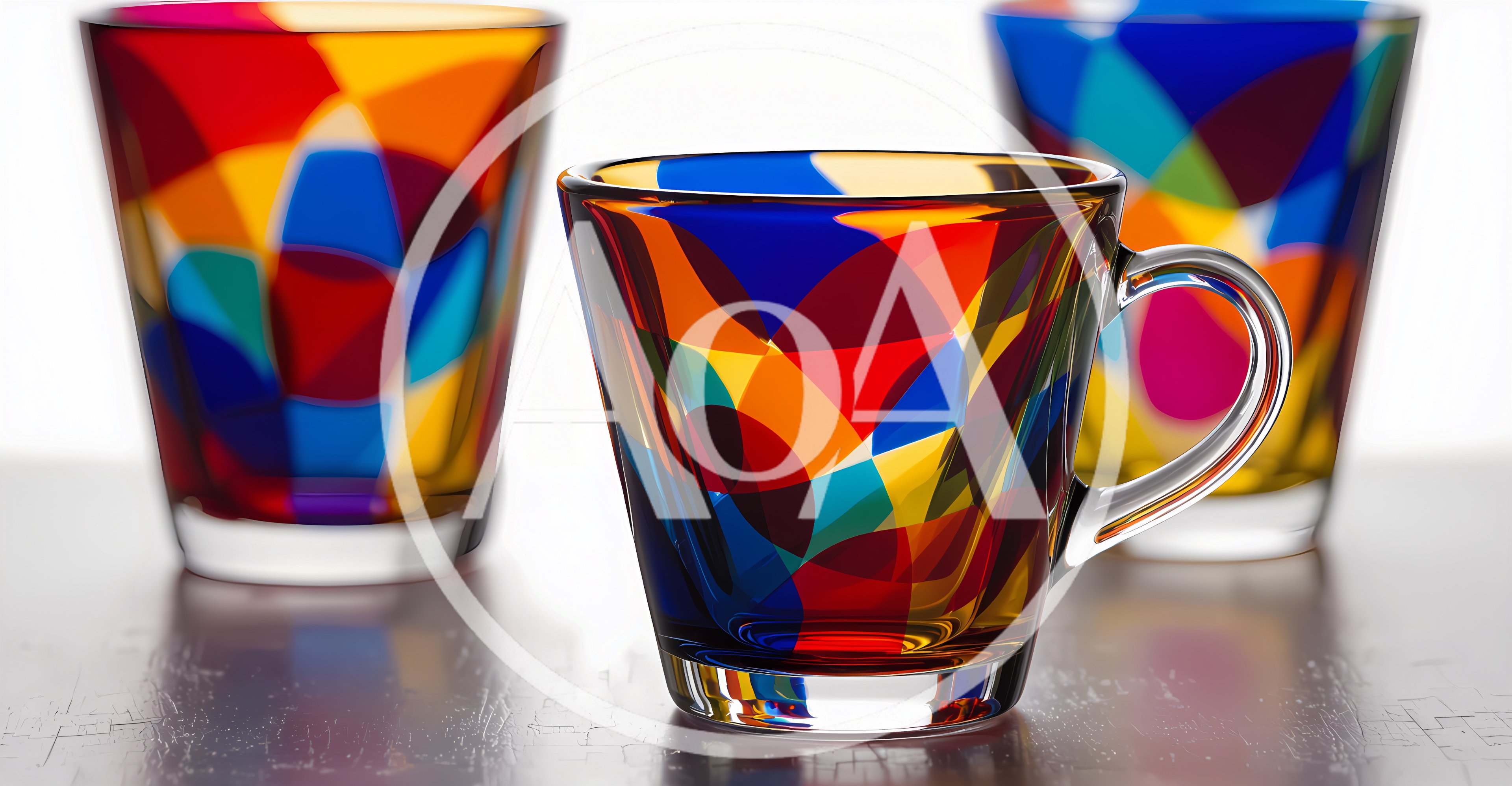Colorful Stained Glass Style Mugs on Table