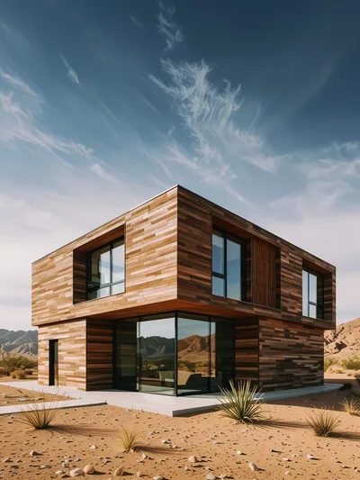 Modern Wooden House In Desert Landscape
