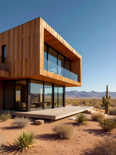 Modern Wooden Desert House With Glass Balcony
