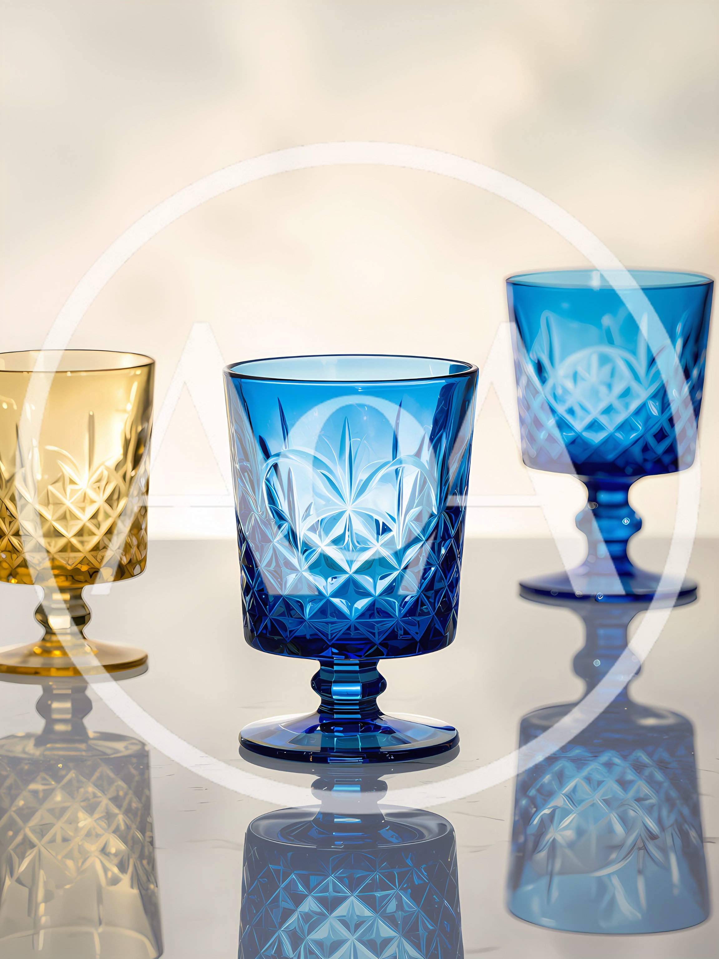 Three Elegant Colored Crystal Goblets On Reflective Surface