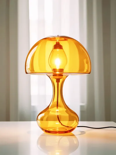 Amber Glass Mushroom Table Lamp on White Surface