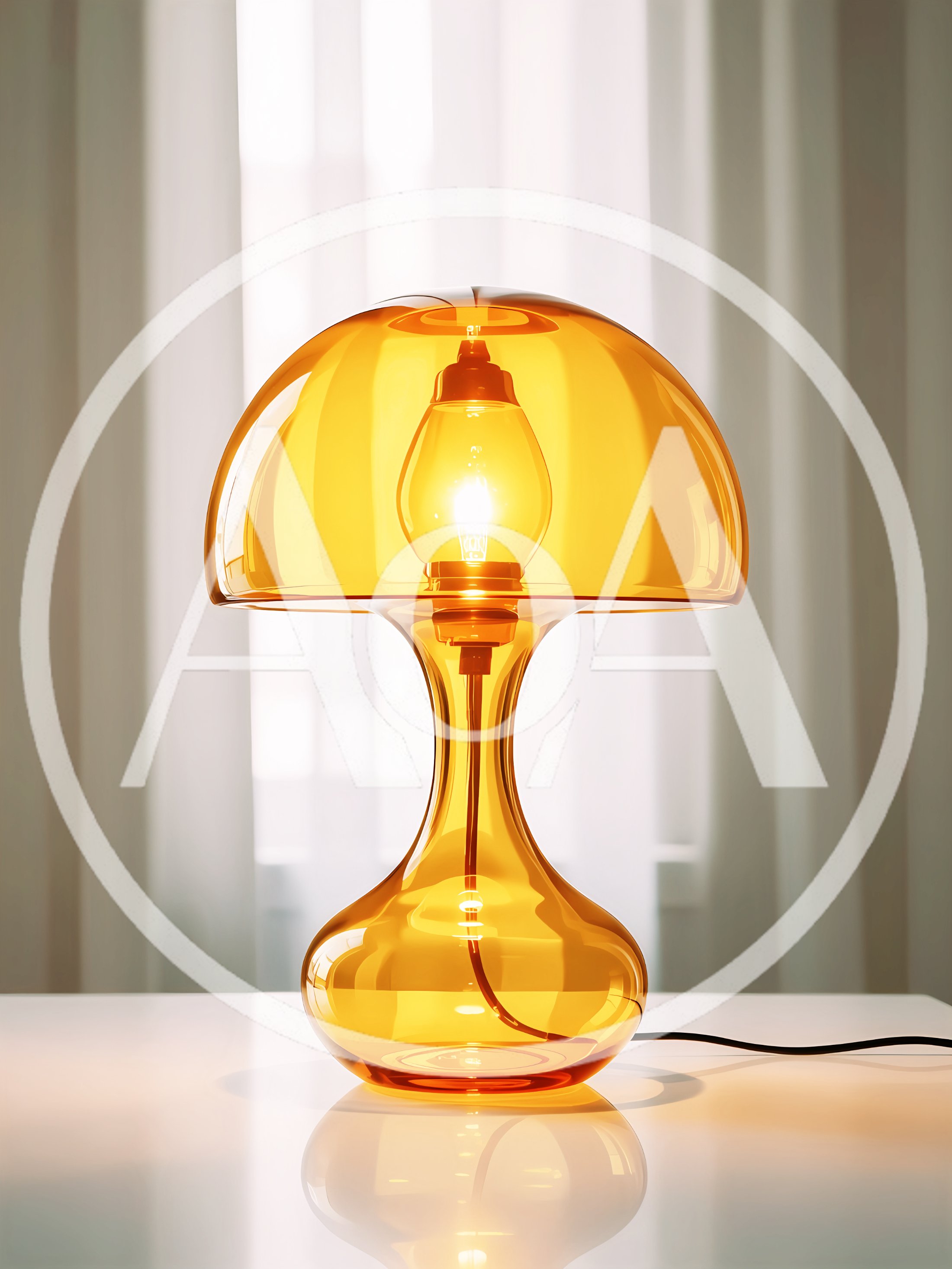 Amber Glass Mushroom Table Lamp on White Surface