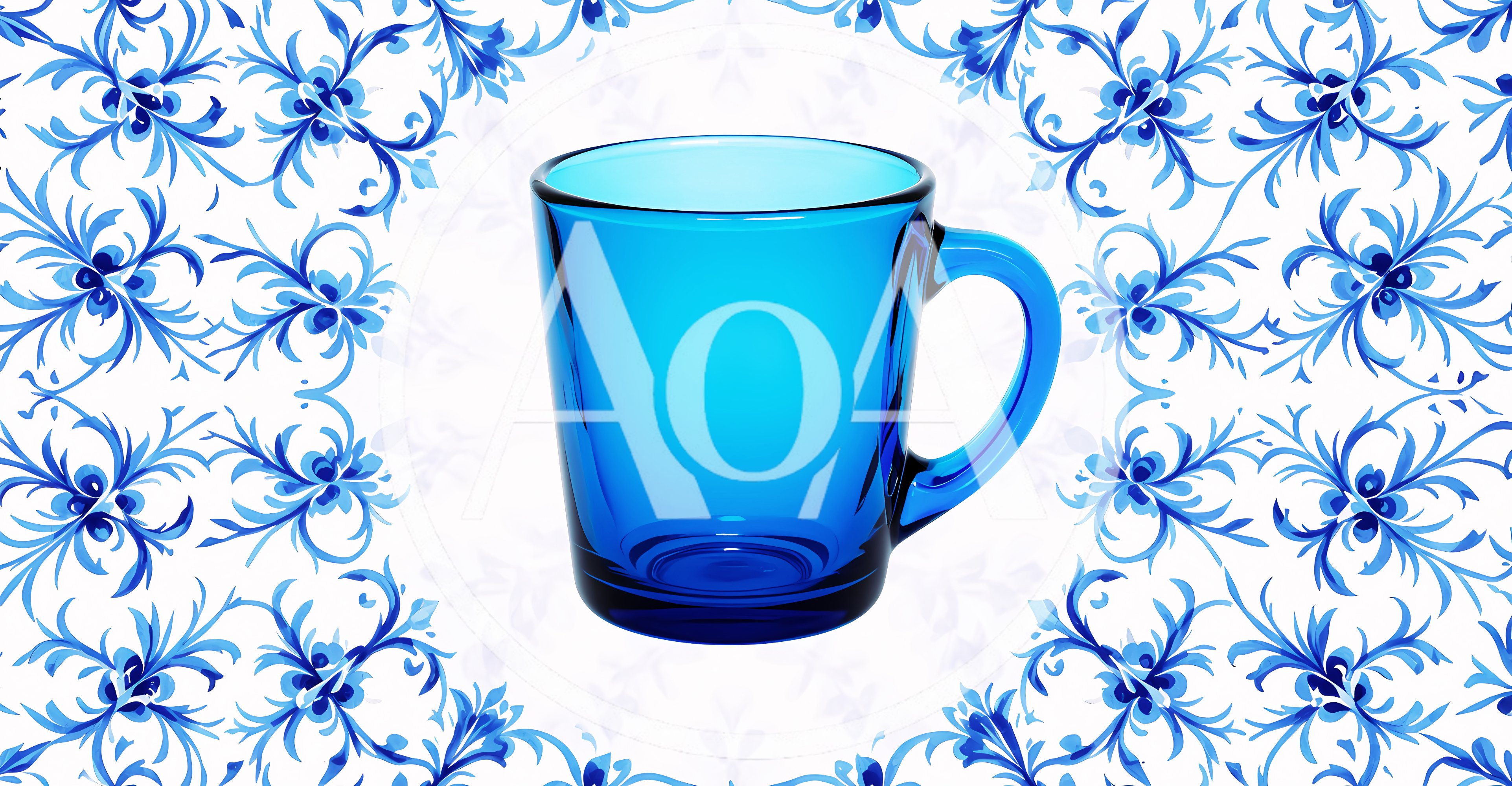 Blue Glass Mug Centered on Floral Pattern Background