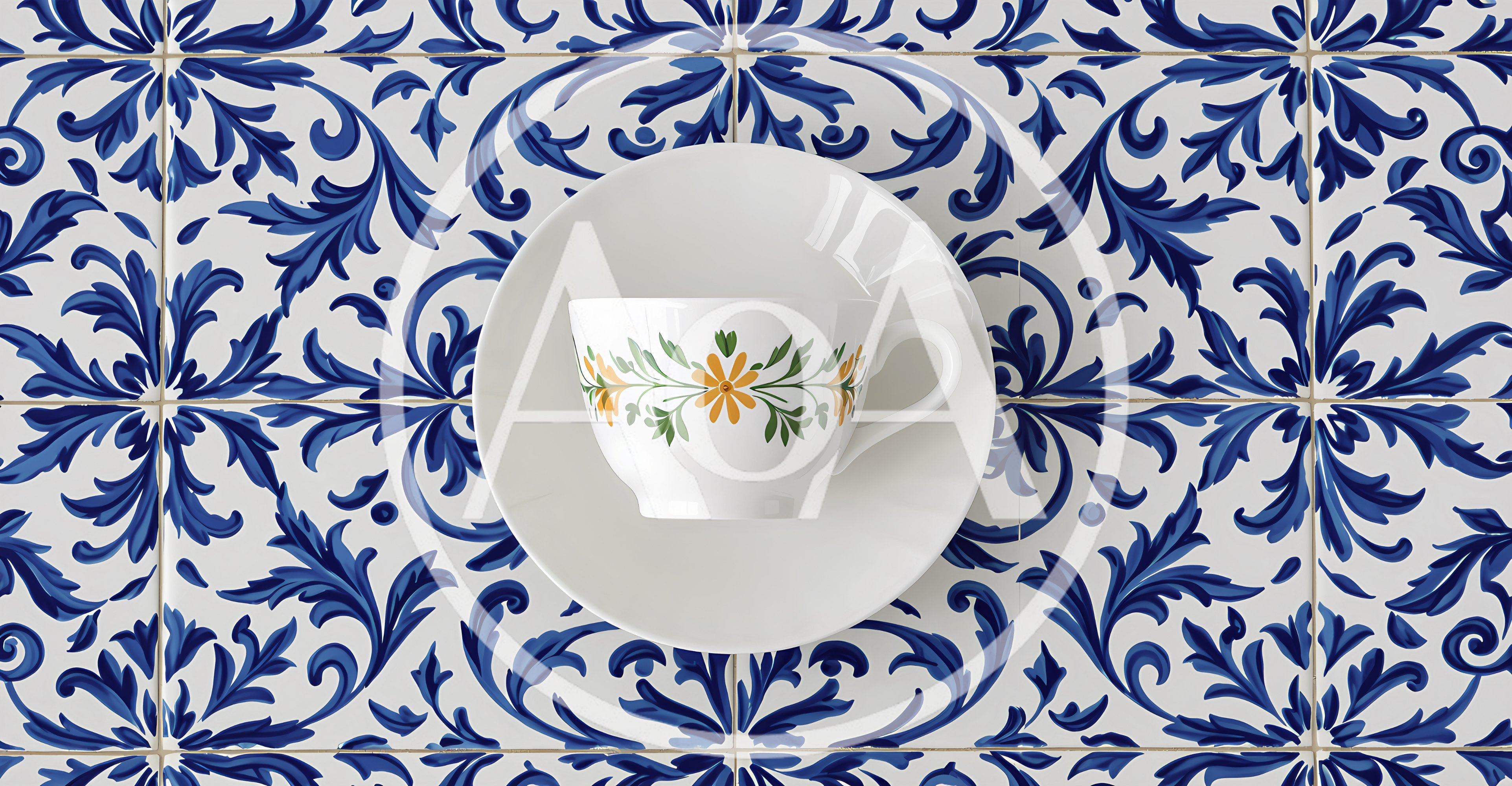White Tea Cup and Saucer on Blue Patterned Tiles