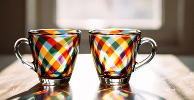 Two Colorful Plaid Glass Mugs on a Table