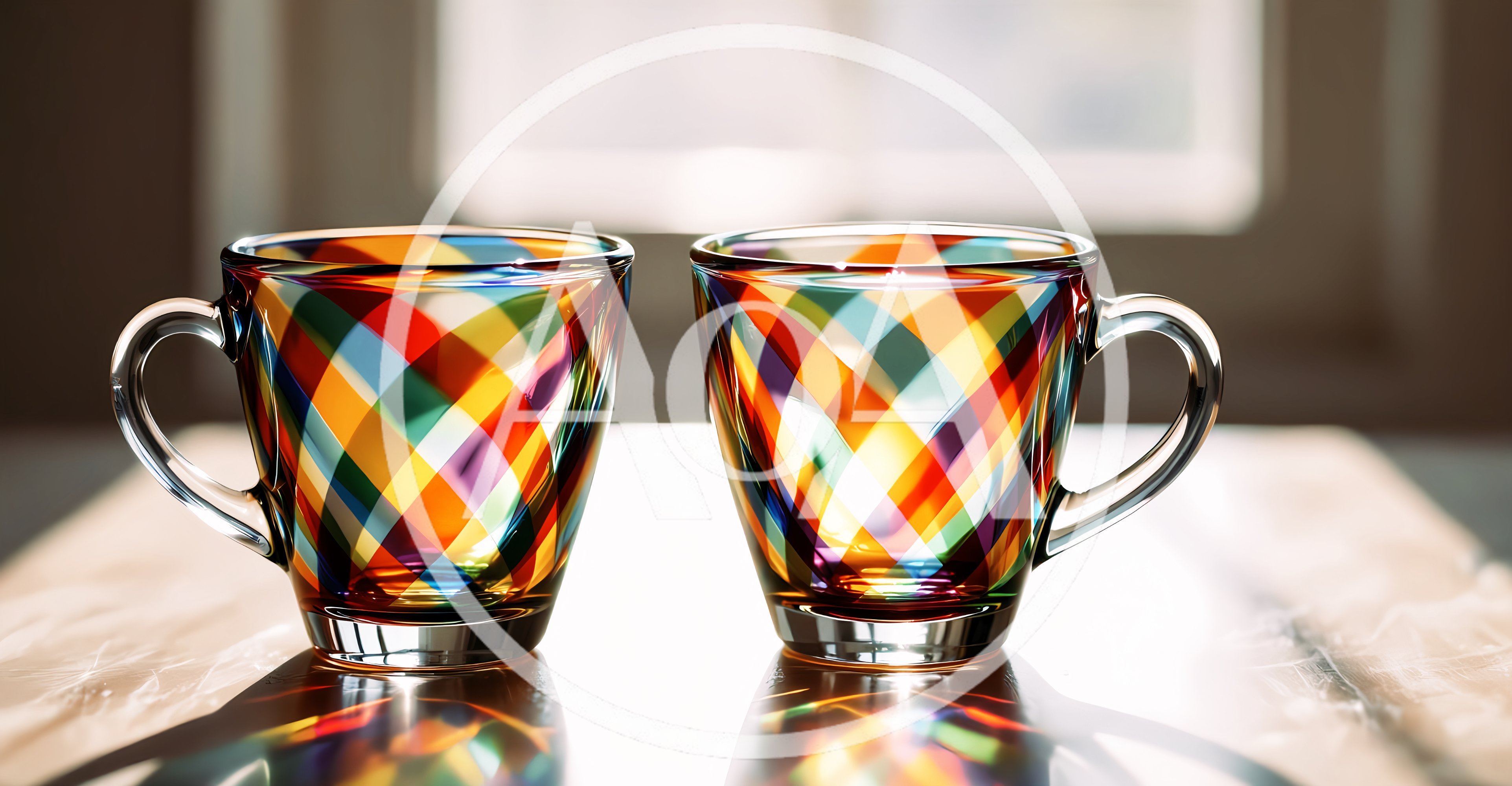 Two Colorful Plaid Glass Mugs on a Table
