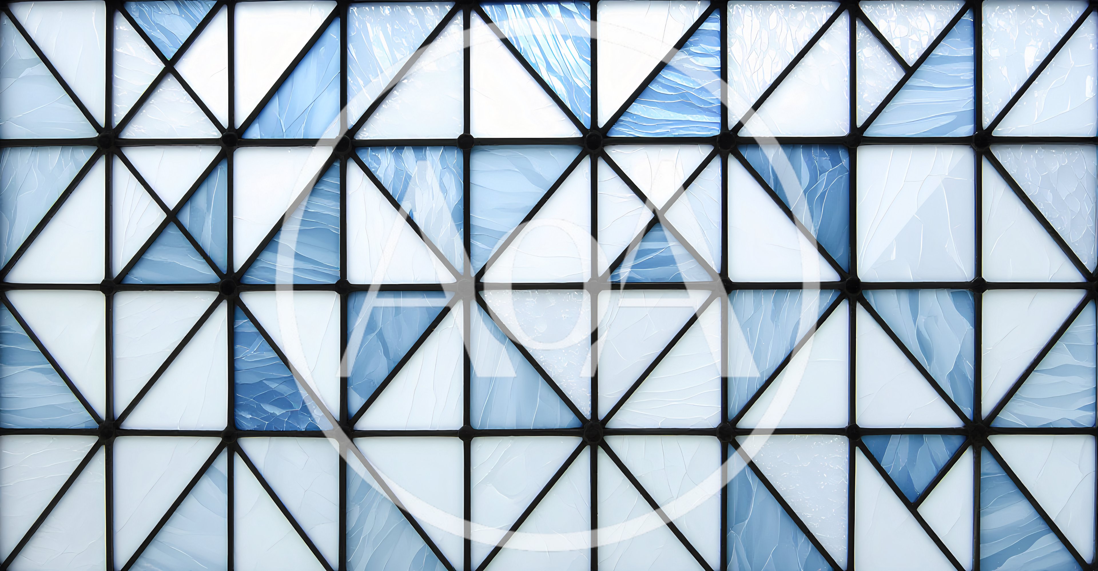 Geometric Stained Glass Window With Blue And White Panes