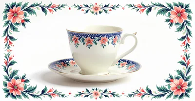 Elegant Porcelain Tea Cup With Floral Border Frame