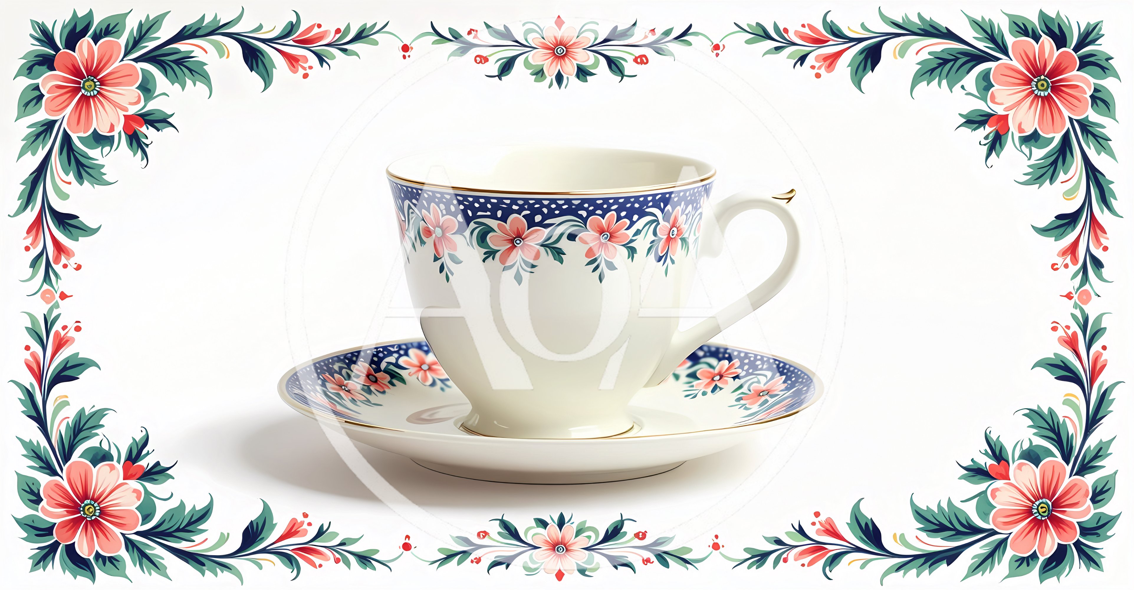 Elegant Porcelain Tea Cup With Floral Border Frame