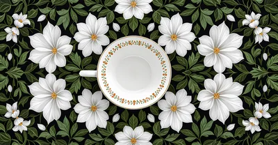 White Floral Pattern Background With A Tea Cup
