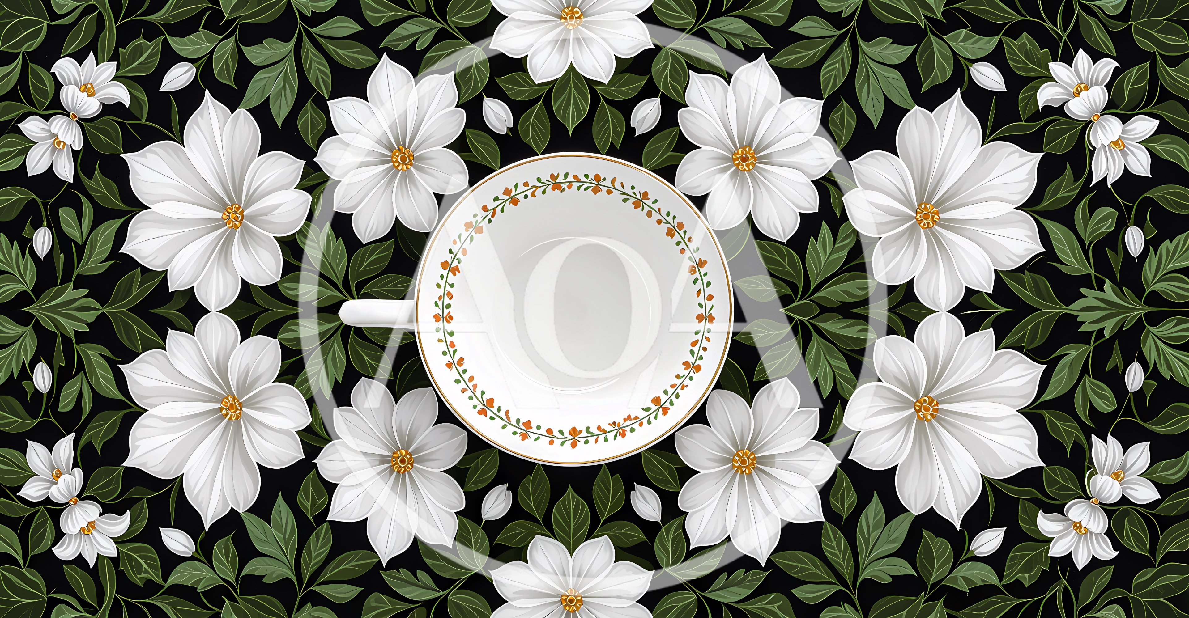 White Floral Pattern Background With A Tea Cup