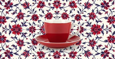 Red Coffee Cup And Saucer On Floral Pattern Background