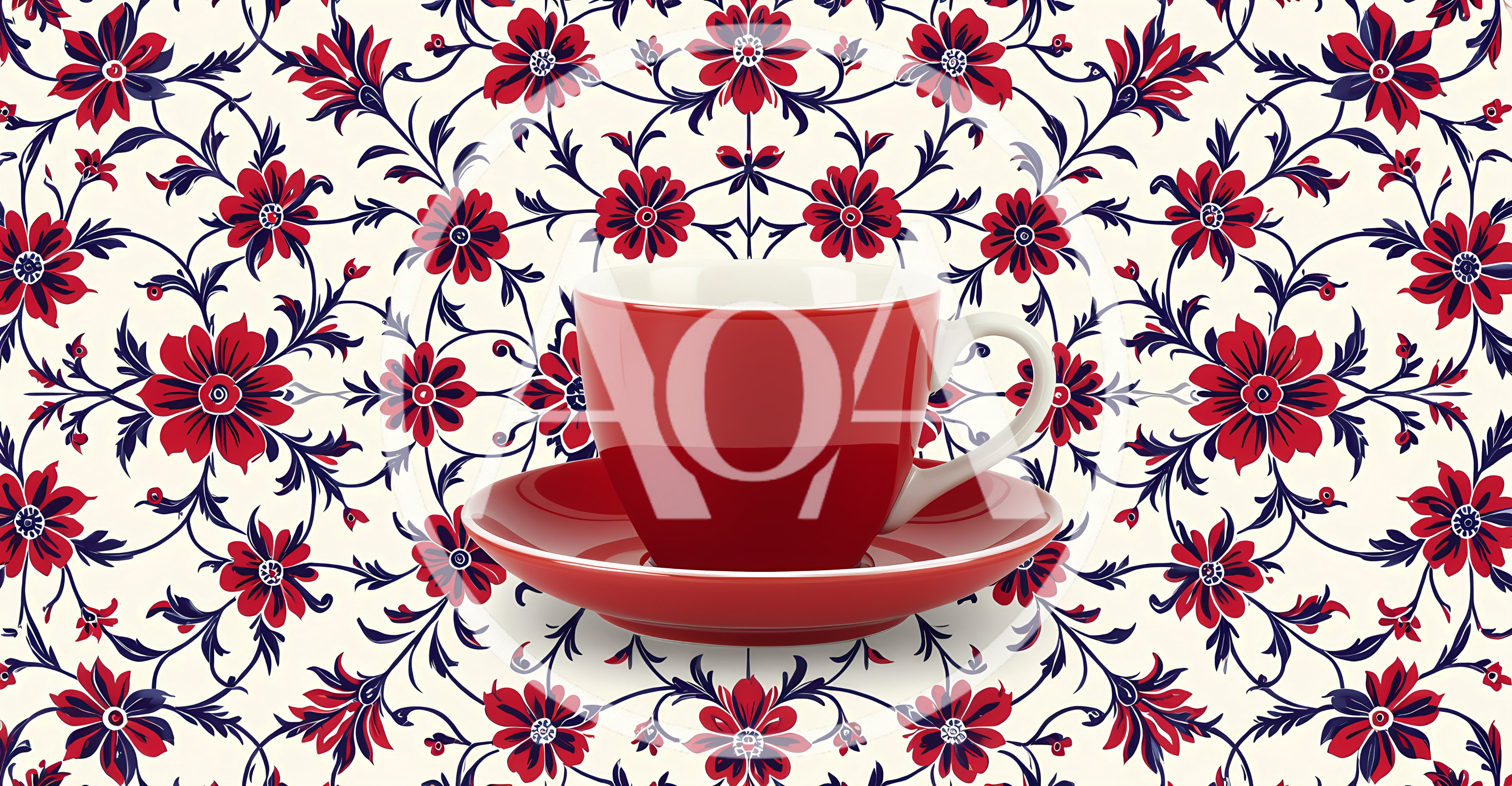 Red Coffee Cup And Saucer On Floral Pattern Background