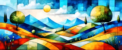 Stained Glass Style Landscape With Rolling Hills And Mountains