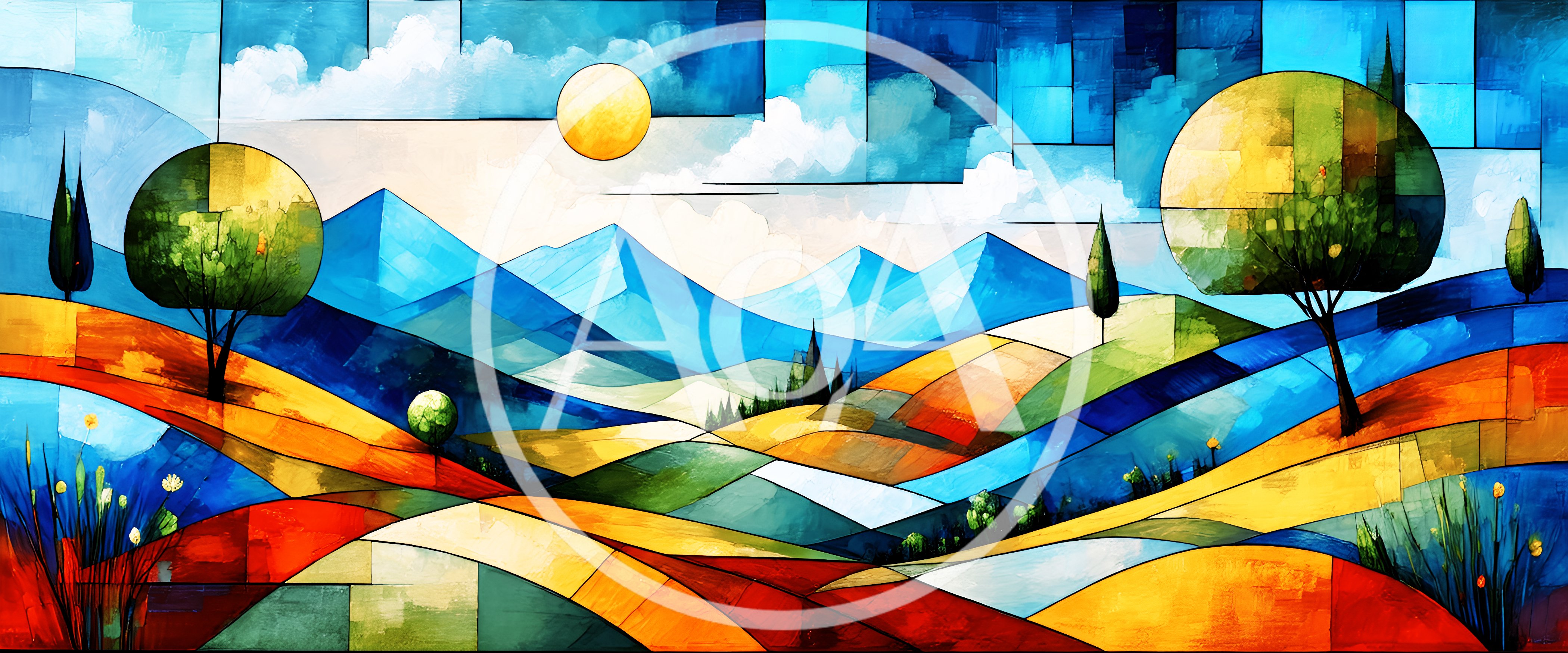 Stained Glass Style Landscape With Rolling Hills And Mountains