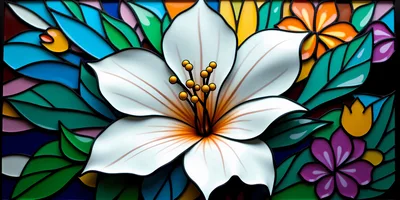 Stained Glass Style White Lily Floral Illustration