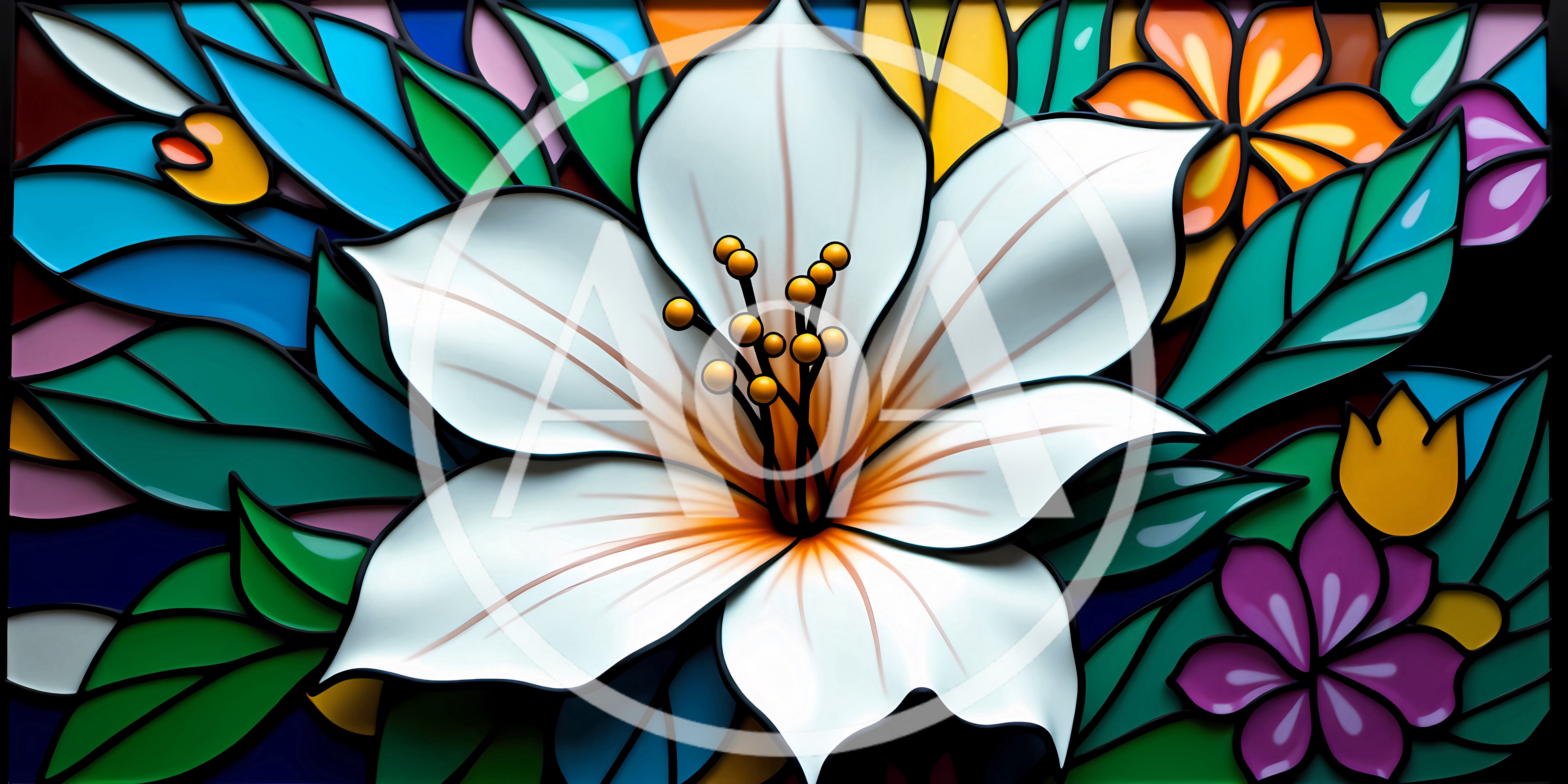 Stained Glass Style White Lily Floral Illustration