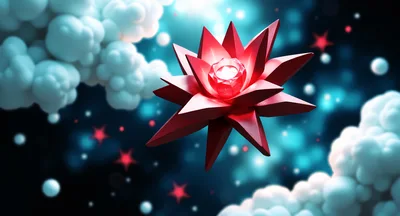 Abstract Red Geometric Star Floating Amidst Blue Clouds