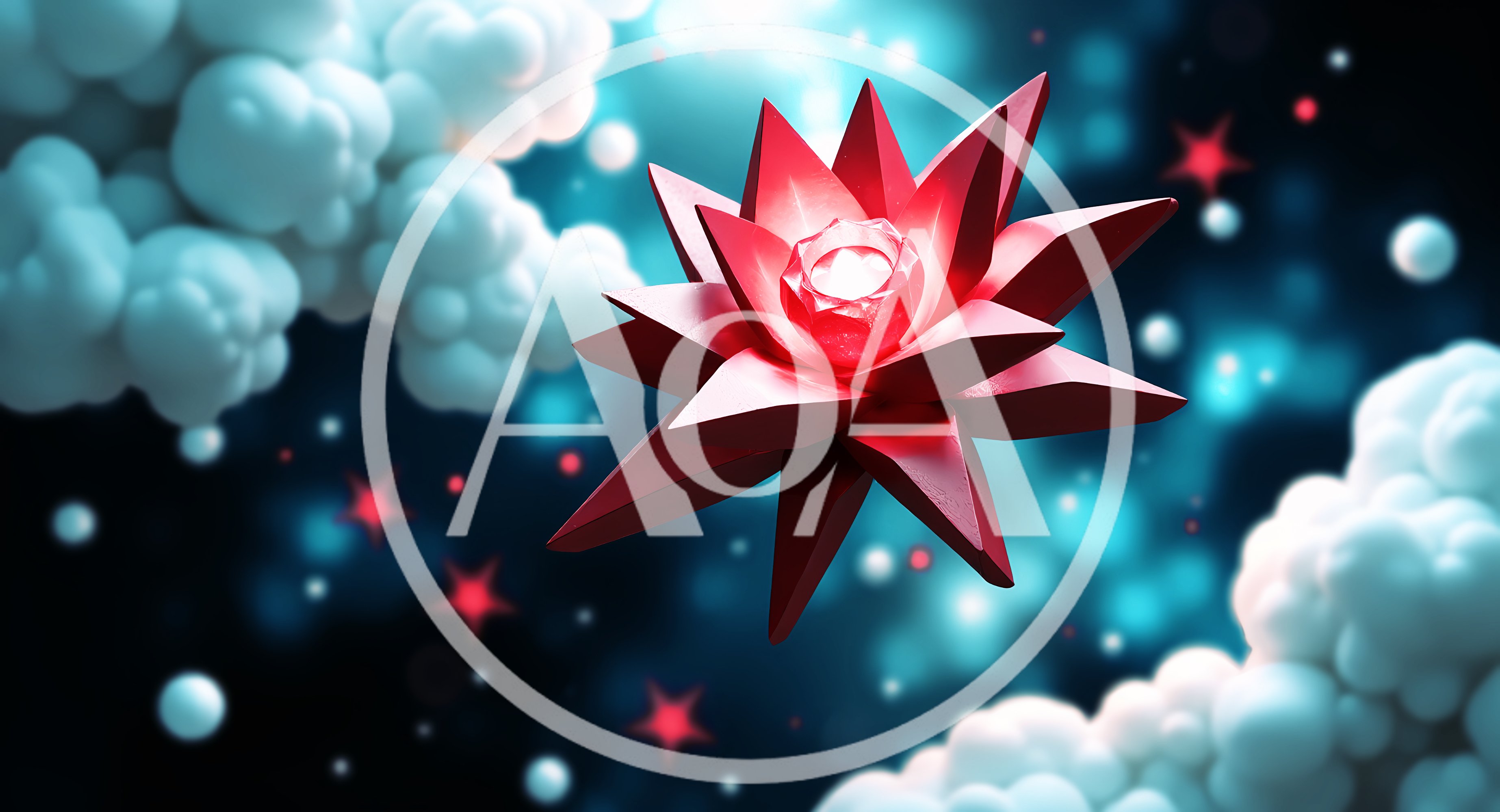 Abstract Red Geometric Star Floating Amidst Blue Clouds